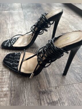 PrettyLittleThing Black Faux-Croc Lace-Up Stiletto Heels